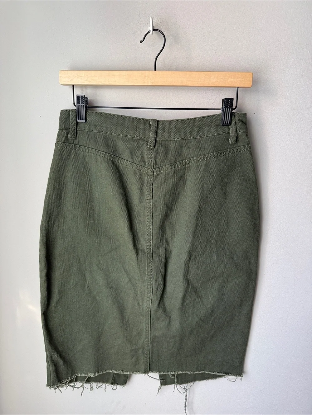 Forever 21 Olive Green Button Front Denim Raw Hem Utility Midi Pencil Skirt